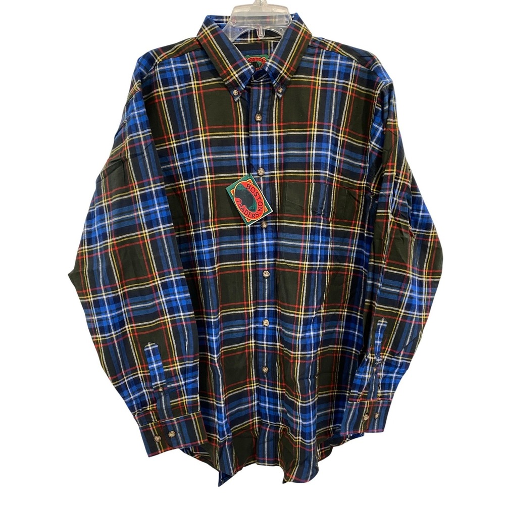 Vintage Boston Traders Mens L Green Plaid‎ Cotton Button Down Shirt Long Sleeve